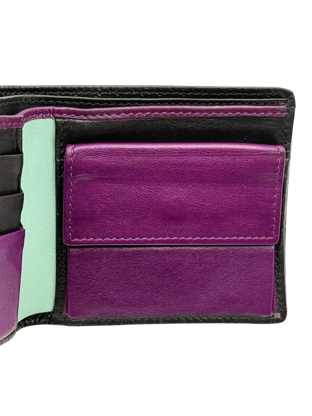Gucci Microguccissima Bi-Fold Wallet Black Leather Purple Mint Interior